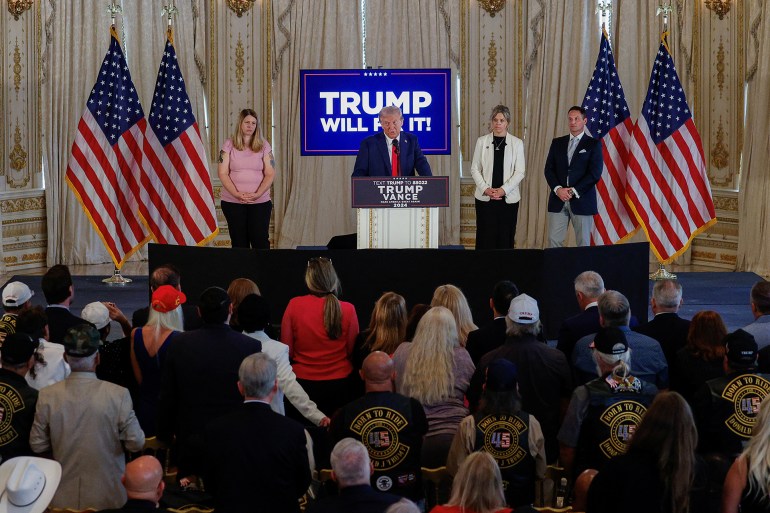 Republican presidential nominee and former U.S. President Donald Trump delivers "Trump Will Fix It" remarks during a press conference at Mar-a-Lago, in Palm Beach, Florida, U.S., October 29, 2024. REUTERS/Marco Bello